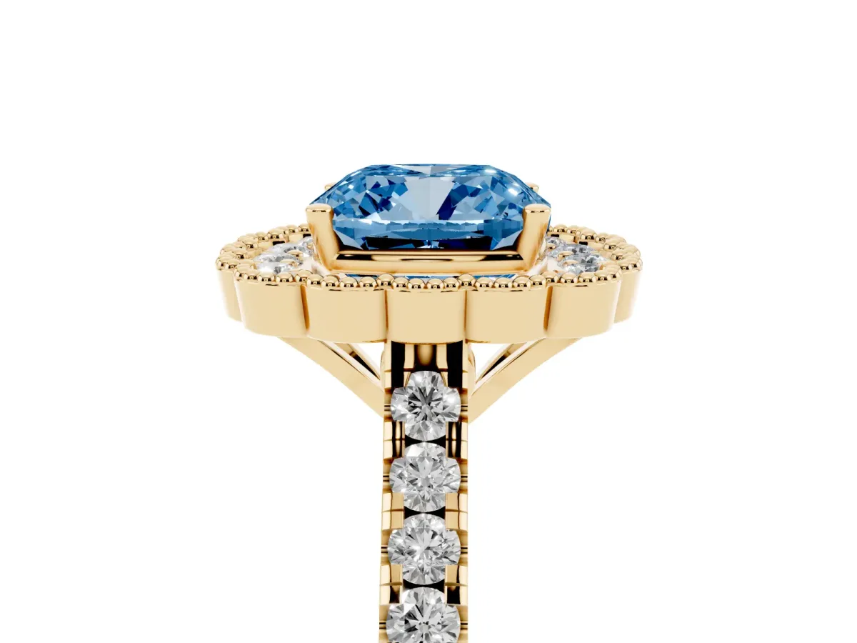 Fancy Blue Cushion Cut Cut Diamond Milgrain Floral Halo Engagement Ring with Pavé Band Yellow gold