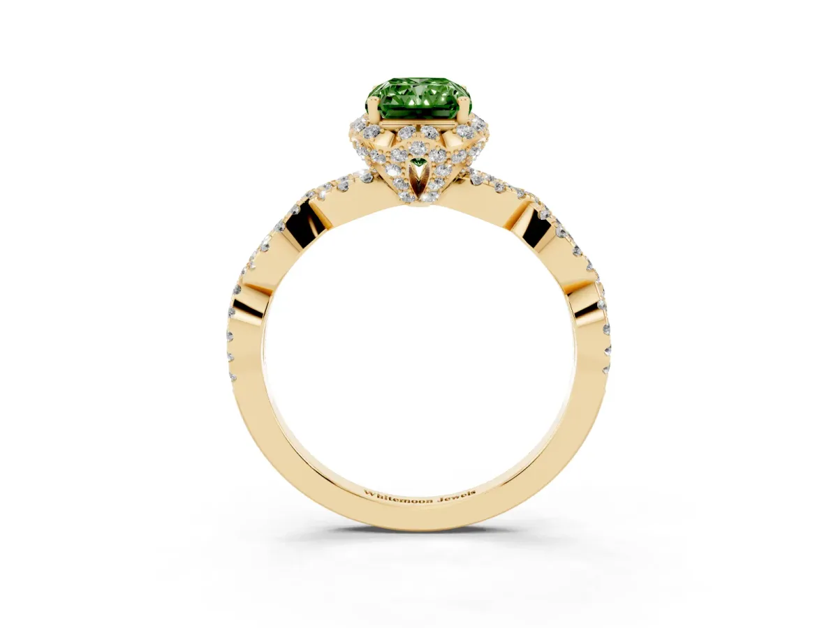 Fancy Green Radiant Cut Halo Twist Band Solitaire Ring with Six-Prong Setting Yellow gold