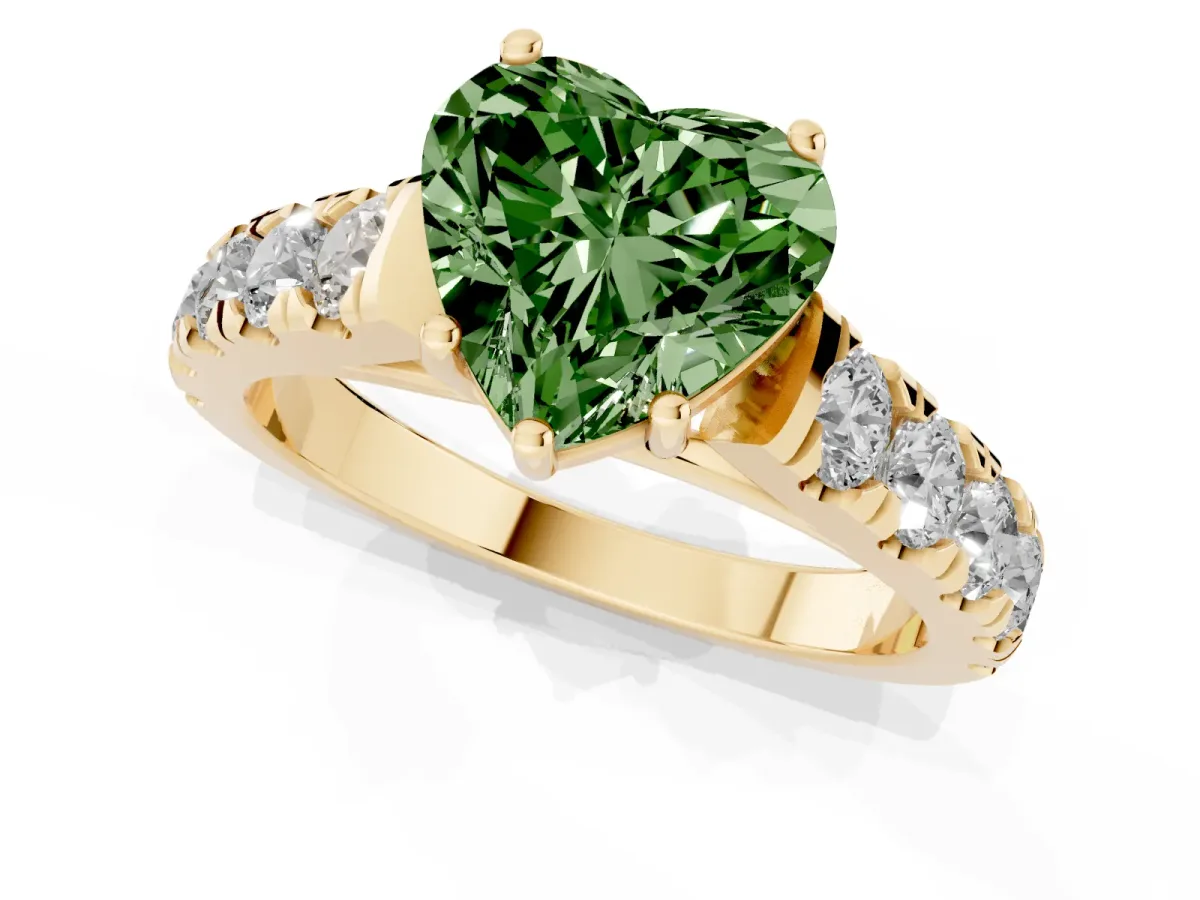 Fancy Green Heart Cut Cut Diamond Solitaire Ring with Micro Pave Band and Prong Setting Yellow gold