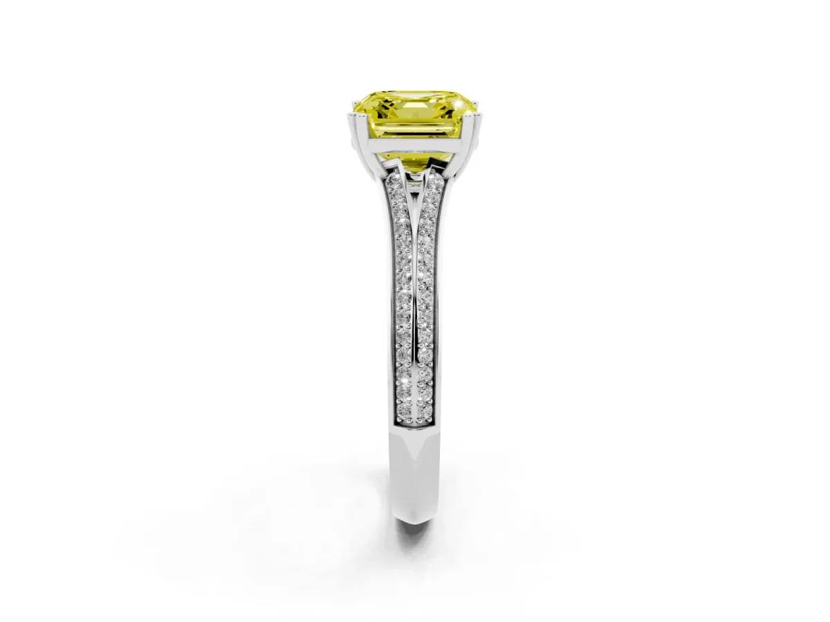 Fancy Yellow Asscher Cut Diamond Split Shank Engagement Ring with Pavé Band Silver