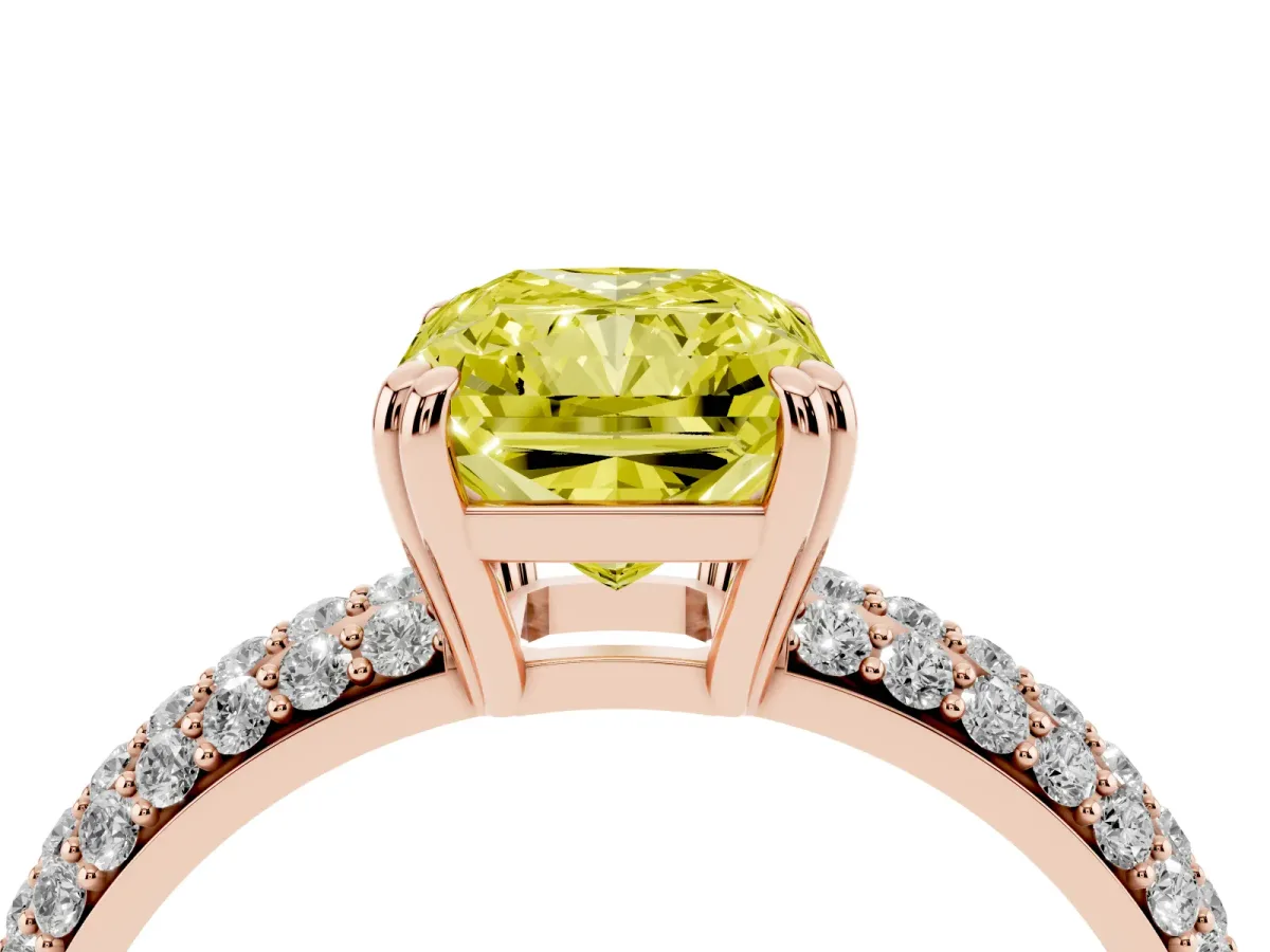 Fancy Yellow Radiant Cut Diamond Solitaire Ring with Multi-Row Round Pavé Band and Prong Setting Rose gold
