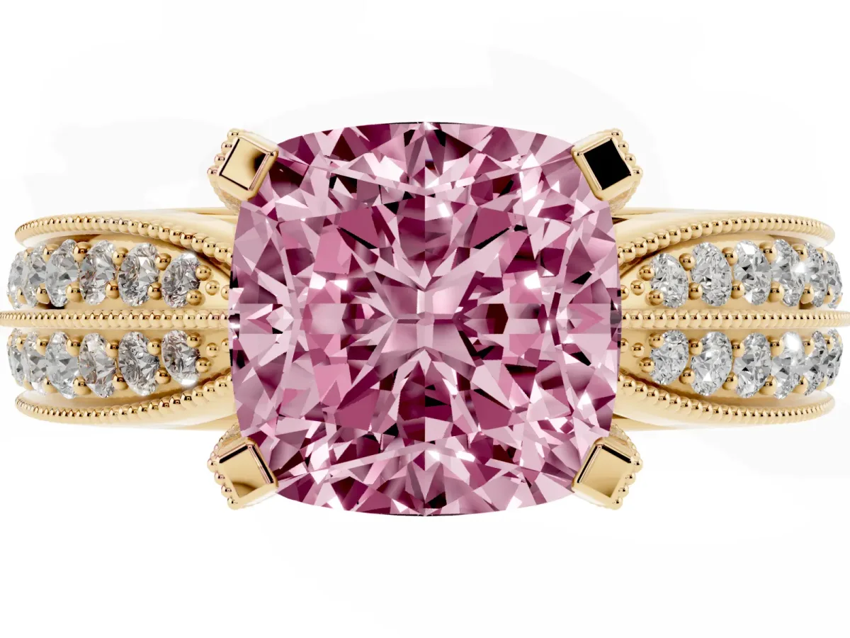 Fancy Pink Cushion Cut Diamond Solitaire Ring with Milgrain Round Pavé Band and Prong Setting Yellow gold