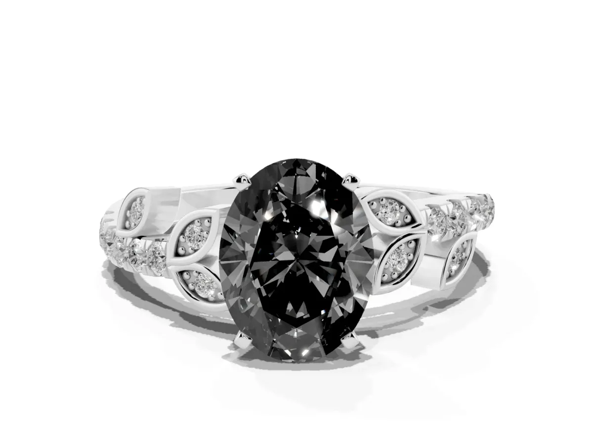 Fancy Black Oval Cut Solitaire Leaf-Inspired Diamond Ring with Pavé Band and Four-Prong Setting Silver