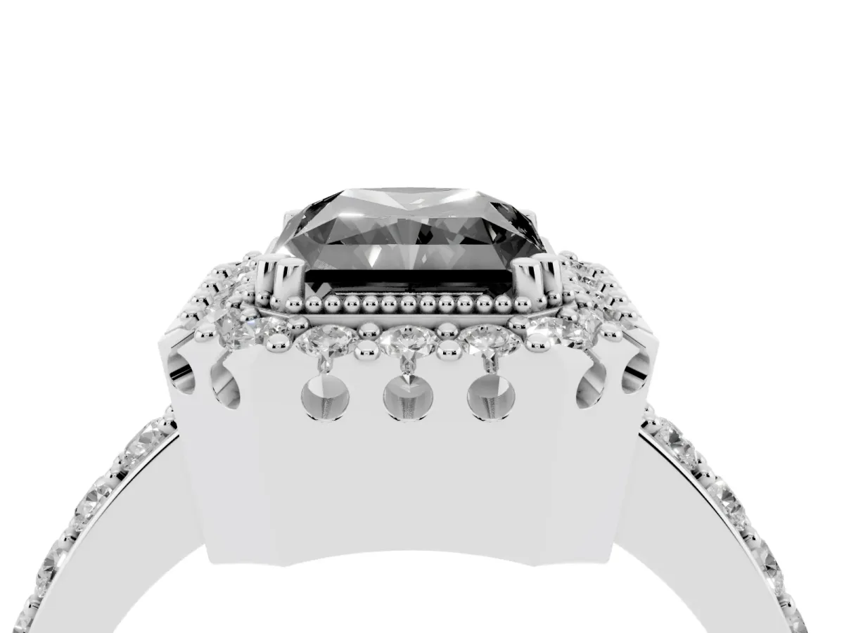 Fancy Black Radiant Cut Diamond Halo Ring with Pavé Band and Prong Setting Platinum