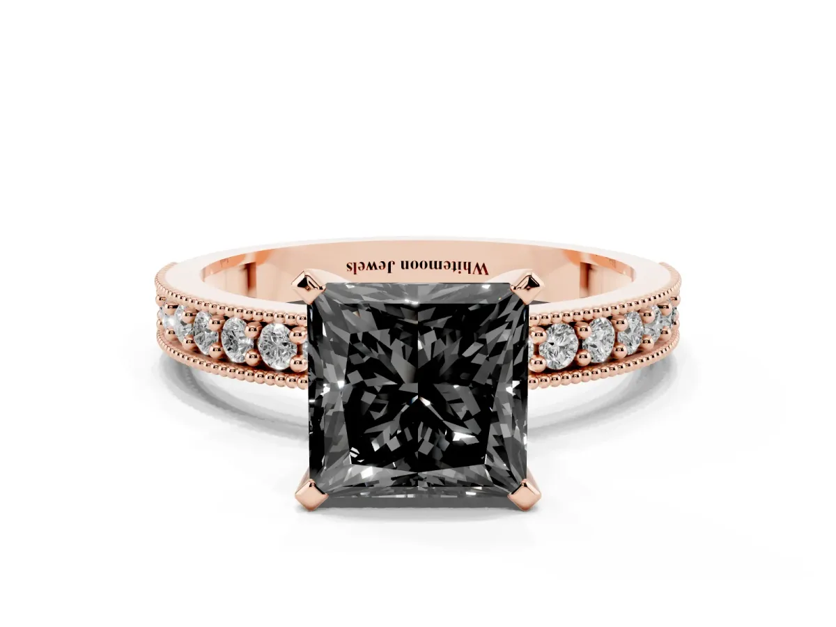 Fancy Black Princess Cut Diamond Milgrain Pavé Engagement Ring with Four-Prong Setting Rose gold