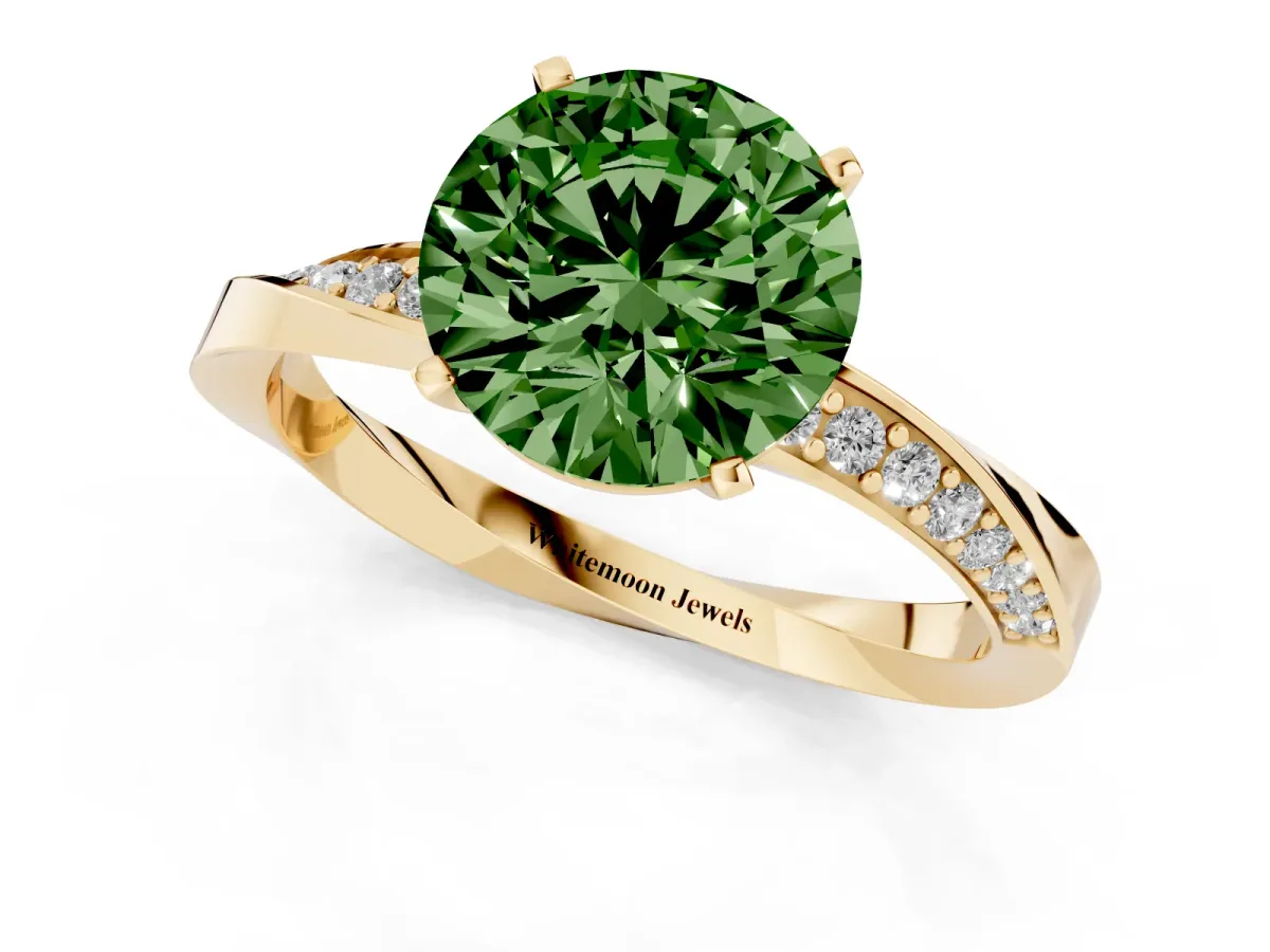 Fancy Green Round Cut Diamond Engagement Ring with Side Stone Accents and Four-Prong Setting Yellow gold