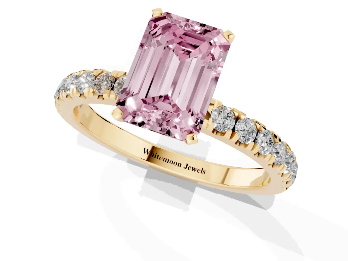 Fancy Pink Emerald Cut Diamond Solitaire Ring with Pavé Accents and Four-Prong Setting Yellow gold