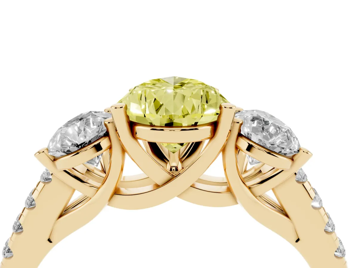 Fancy Yellow Three-Stone Pear Cut Diamond Ring with Round Pavé Band and Prong Setting Yellow gold