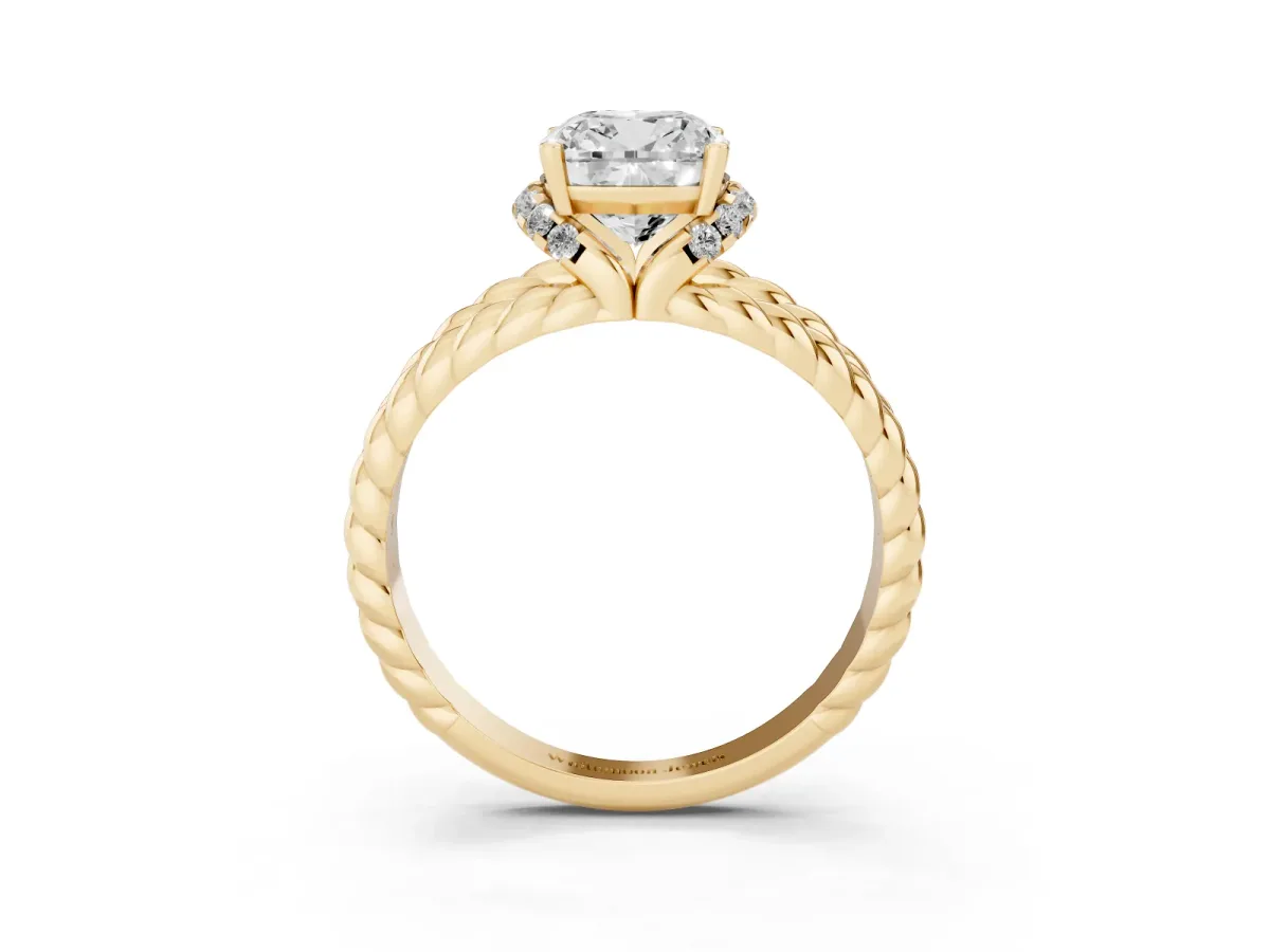 Cushion Cut Halo Twisted Band Four-Prong Ring Yellow gold