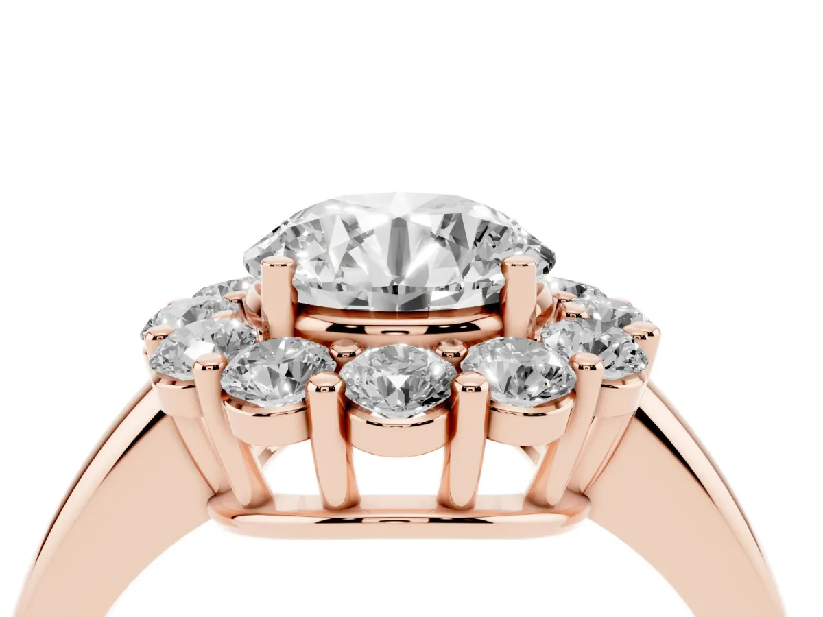 Round Cut Halo Cluster Diamond Engagement Ring with Prong Setting and Polished Band Rose gold