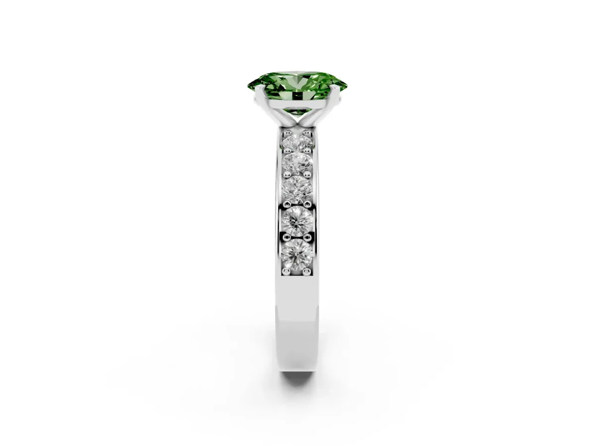 Fancy Green Oval Cut Diamond Engagement Ring with Channel Set Round Band and Prong Setting Platinum