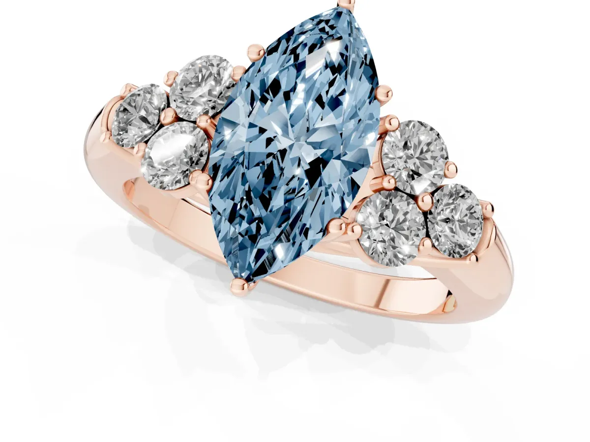 Fancy Blue Marquise Cut Cut Diamond Cluster Ring with Round Accent Stones and Prong Setting on a Classic Band Rose gold