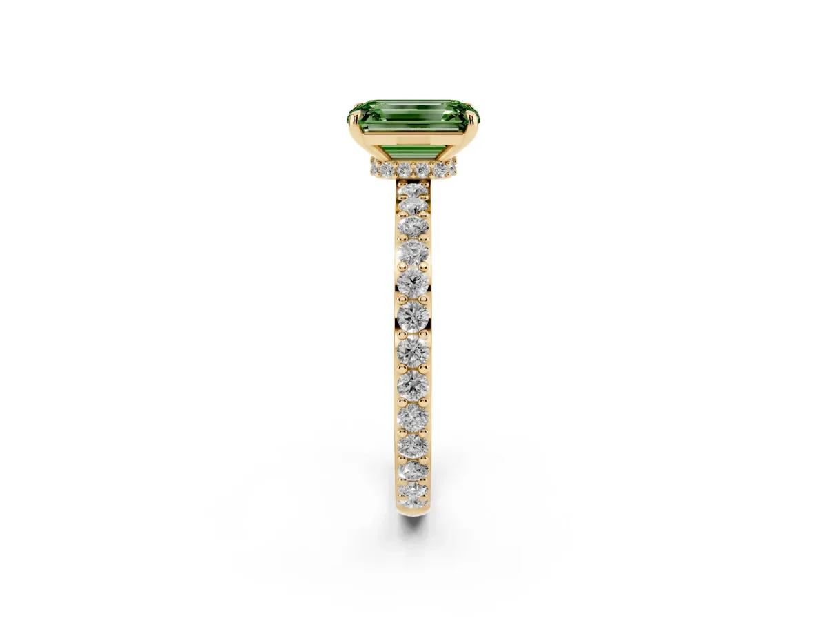 Fancy Green Emerald Cut Diamond Solitaire Engagement Ring with Pavé Band and Four-Prong Setting Yellow gold