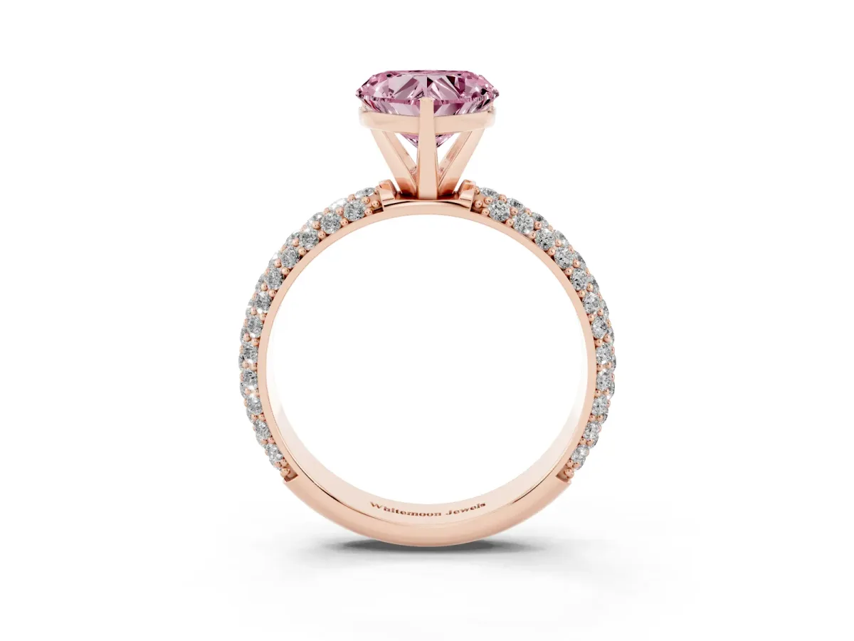 Fancy Pink Heart Cut Diamond Solitaire Ring with Prong Setting and Pavé Band Rose gold