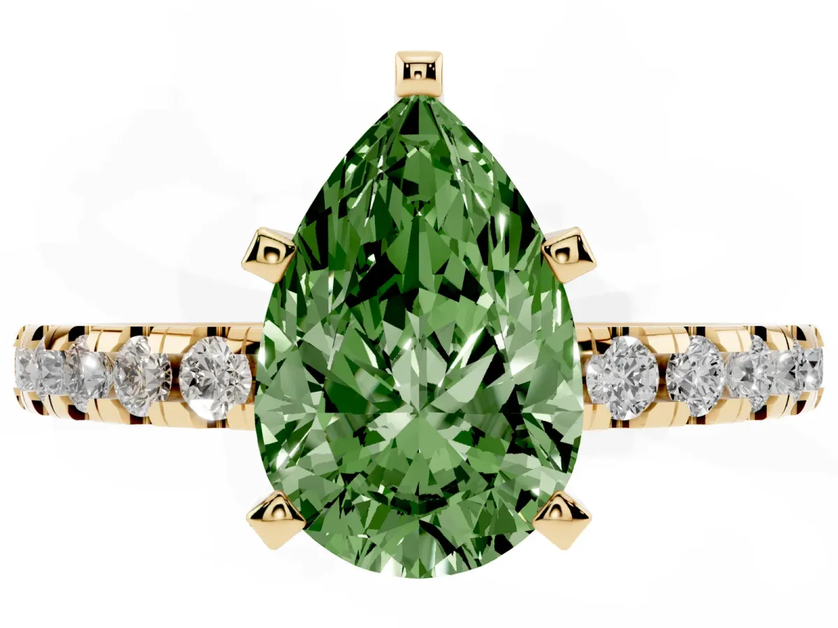 Fancy Green Pear Cut Diamond Solitaire Ring with Round Pavé Band and Four-Prong Setting Yellow gold