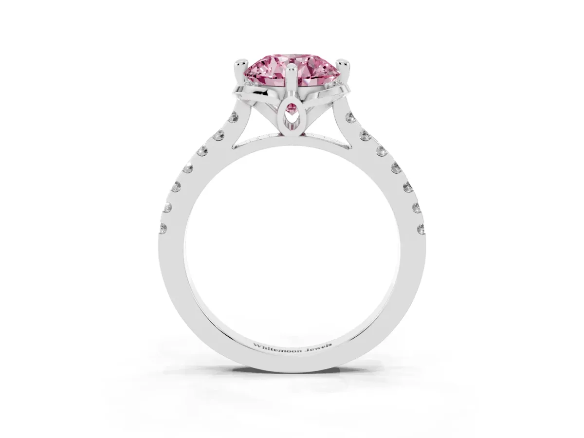 Fancy Pink Round Cut Diamond Ring with Pavé Band and Floral Prong Setting Silver