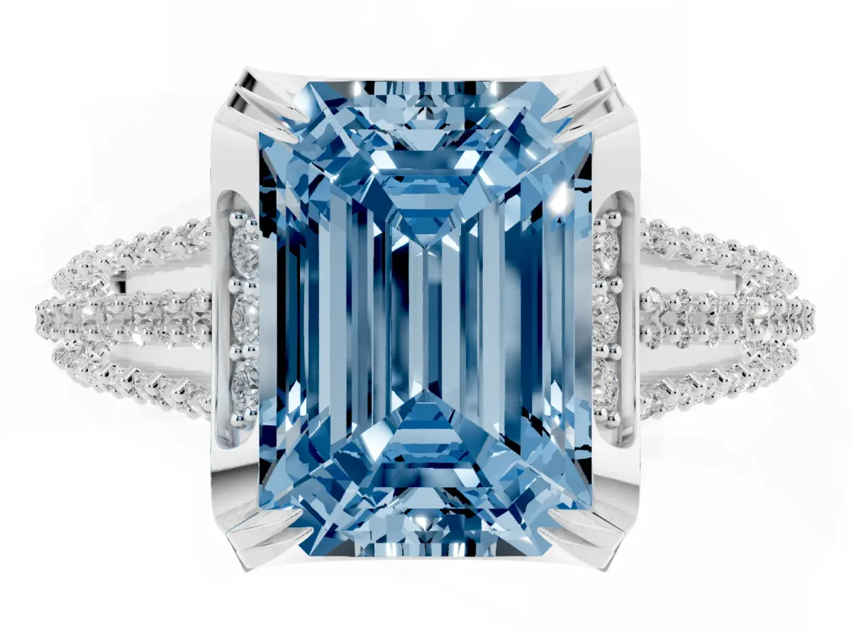 Fancy Blue Emerald Cut Solitaire Pave Split Shank Ring with Four-Prong Setting Platinum
