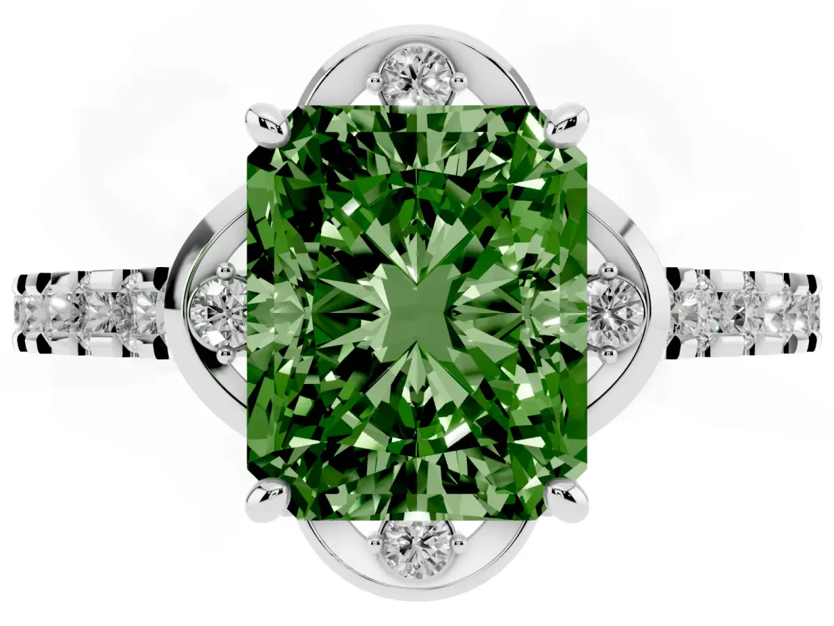 Fancy Green Radiant Cut Diamond Ring with Pavé Band and Floral Prong Setting Platinum
