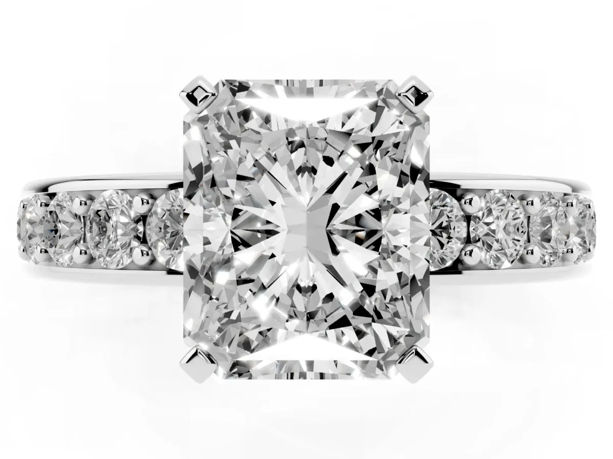 Radiant Cut Diamond Engagement Ring with Channel Set Round Band and Prong Setting Silver