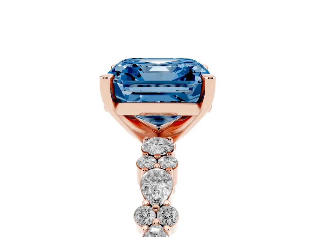 Fancy Blue Asscher Cut Diamond Side Stone Solitaire Ring with Round and Four-Prong Setting Rose gold
