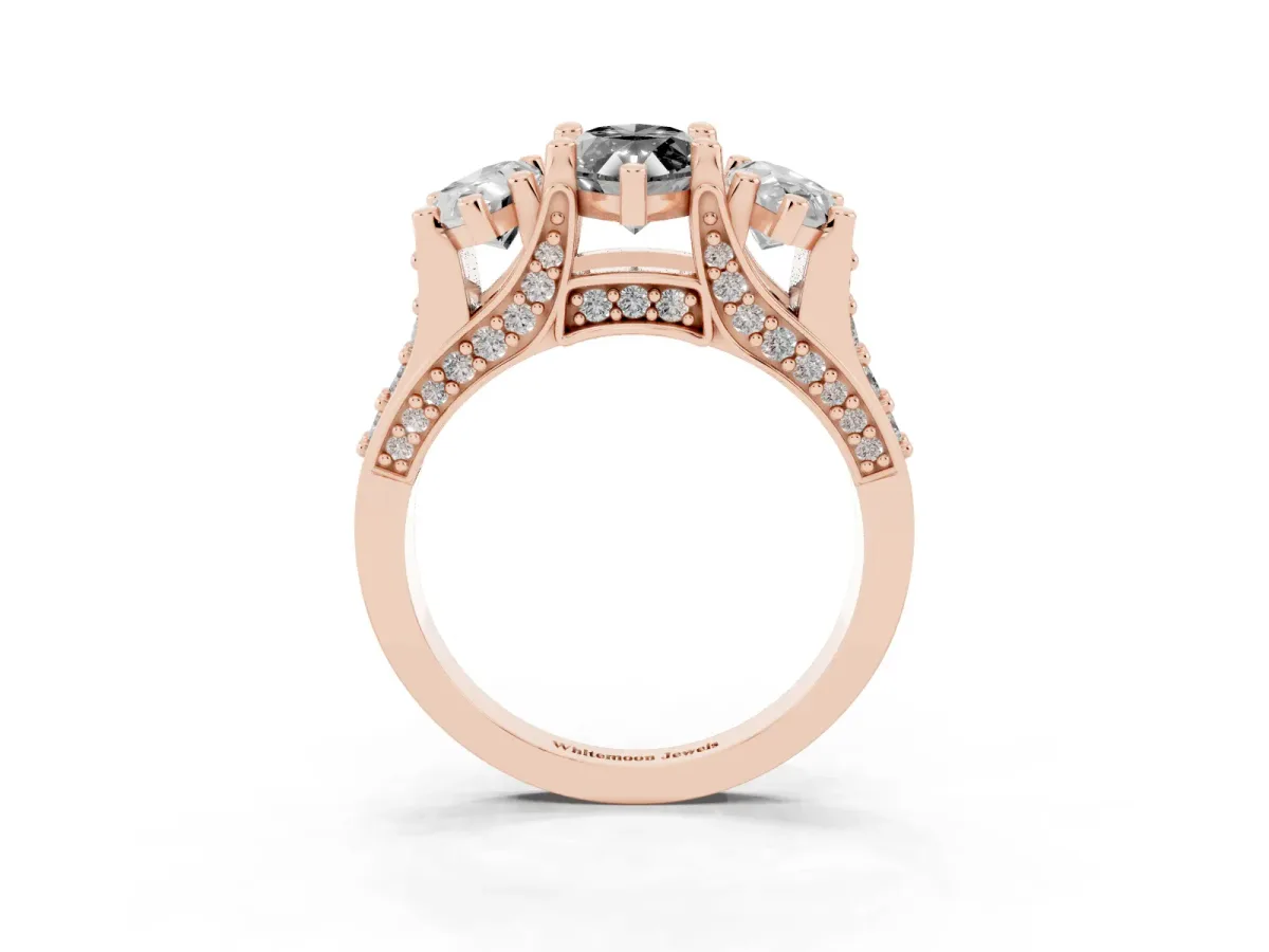 Fancy Black Marquise Cut Diamond Three-Stone Ring with Channel Set Band and Four-Prong Setting Rose gold