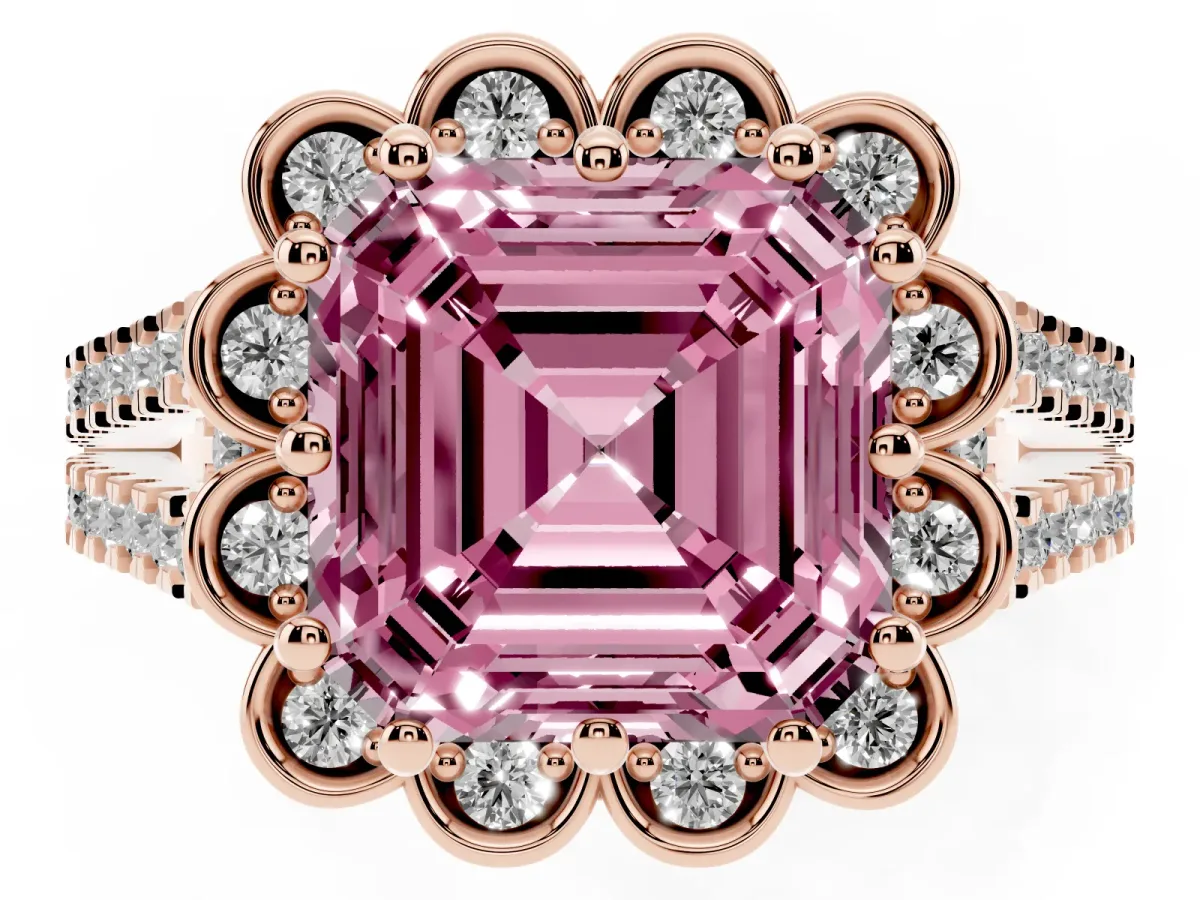 Fancy Pink Asscher Cut Halo Diamond Floral Split Shank Engagement Ring Rose gold