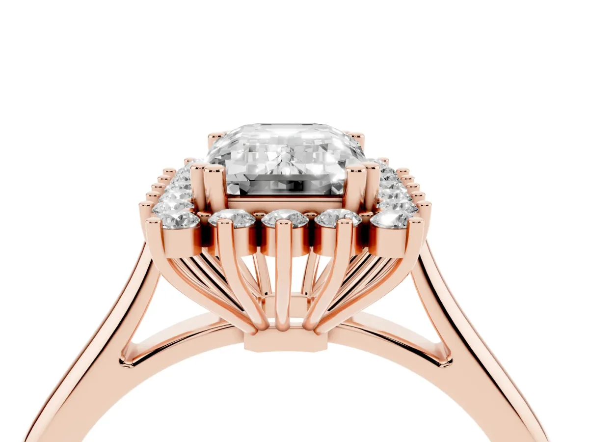 Emerald Cut Cut Diamond Halo Ring with Solitaire Band and Prong Setting Rose gold