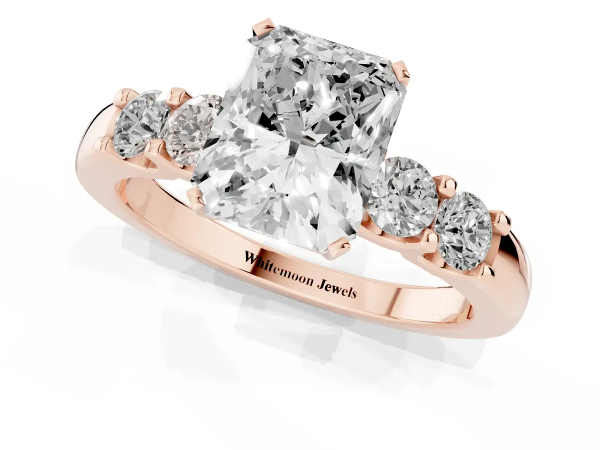 Radiant Cut Brilliant Cut Diamond Five-Stone Prong Set Engagement Ring with Channel Band Rose gold