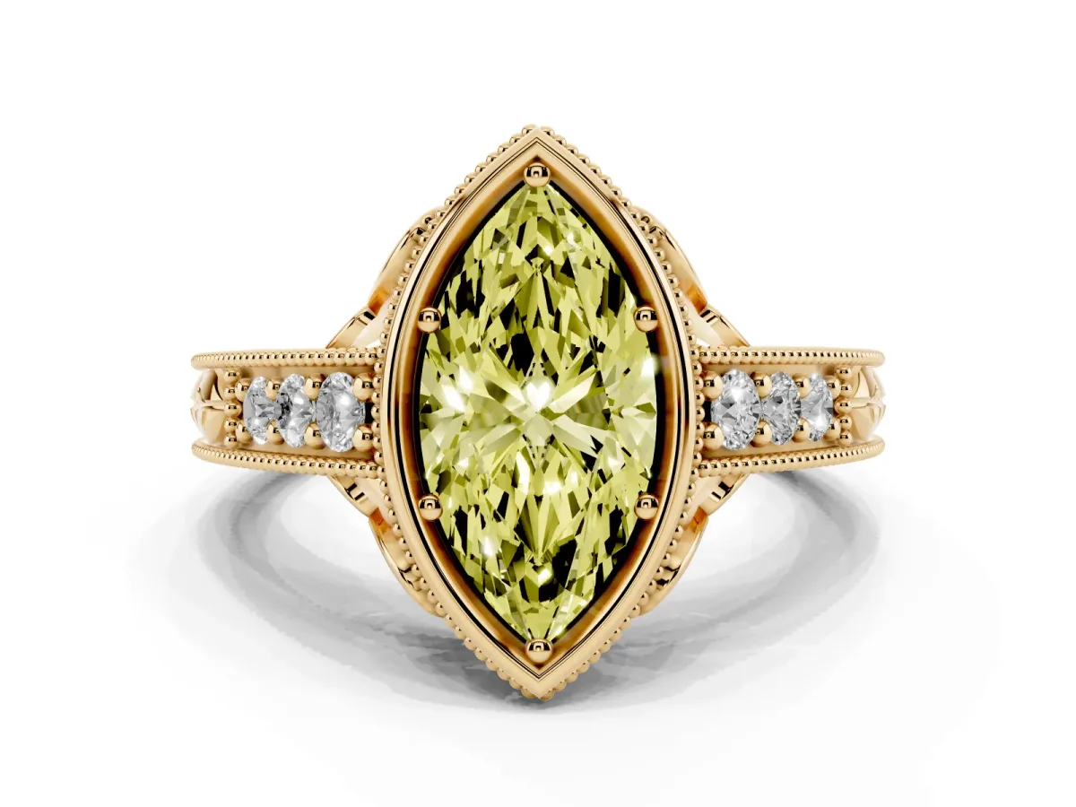Fancy Yellow Bezel Set Marquise Cut Diamond Milgrain Pave Engagement Ring Yellow gold