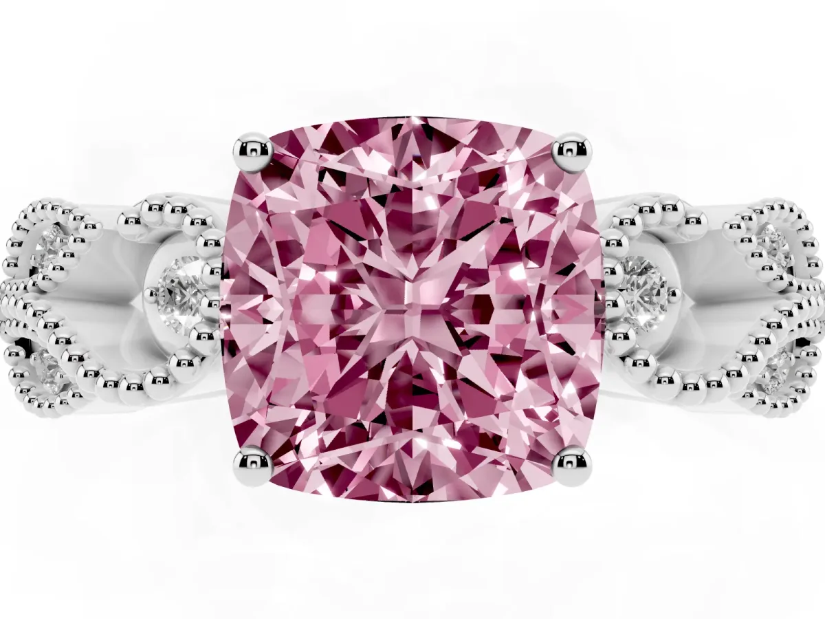 Fancy Pink Cushion Cut Solitaire Milgrain Leaf Band with Prong Setting Silver