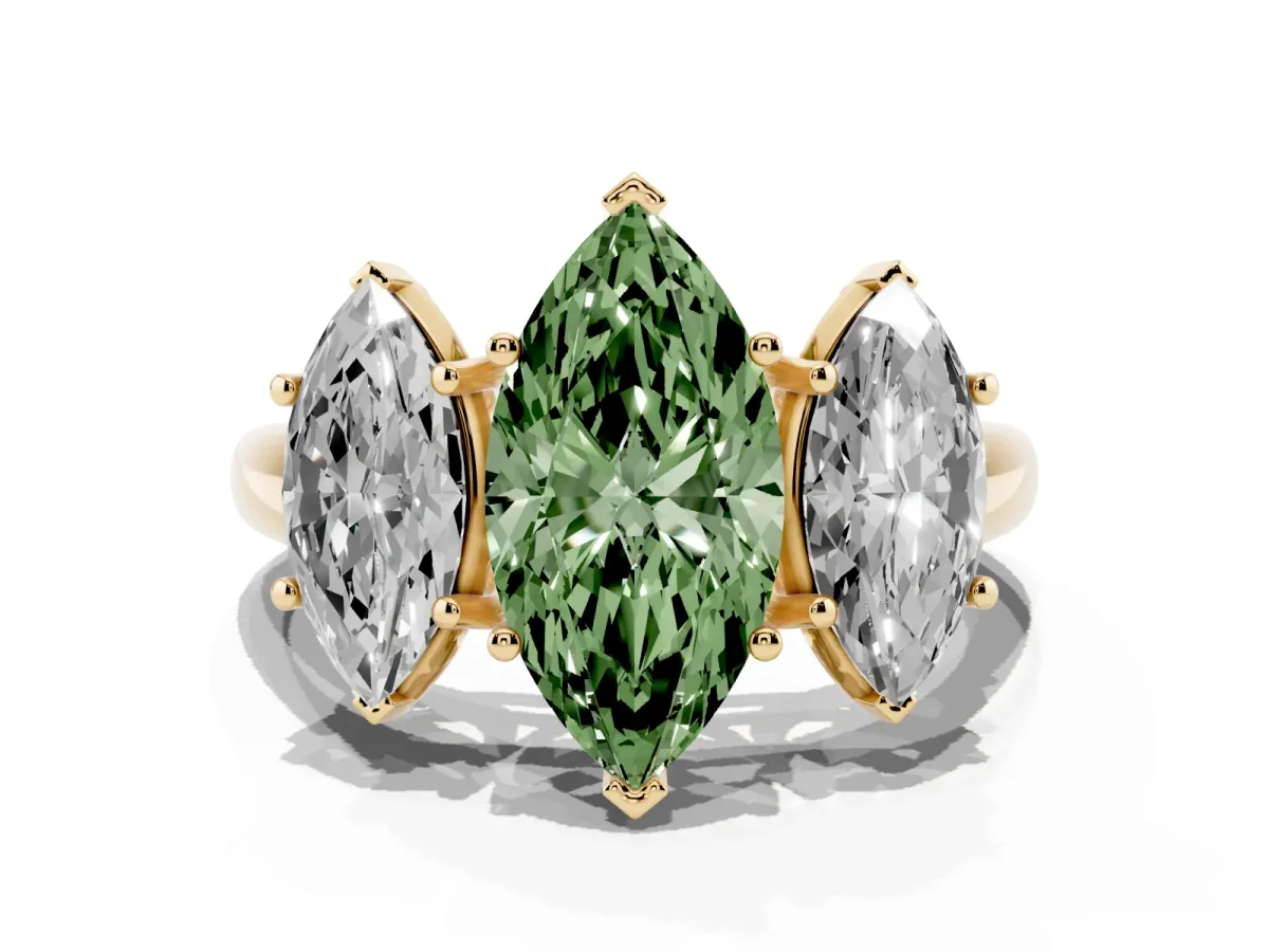 Fancy Green Three-Stone Marquise Cut Diamond Engagement Ring with Prong Setting Yellow gold