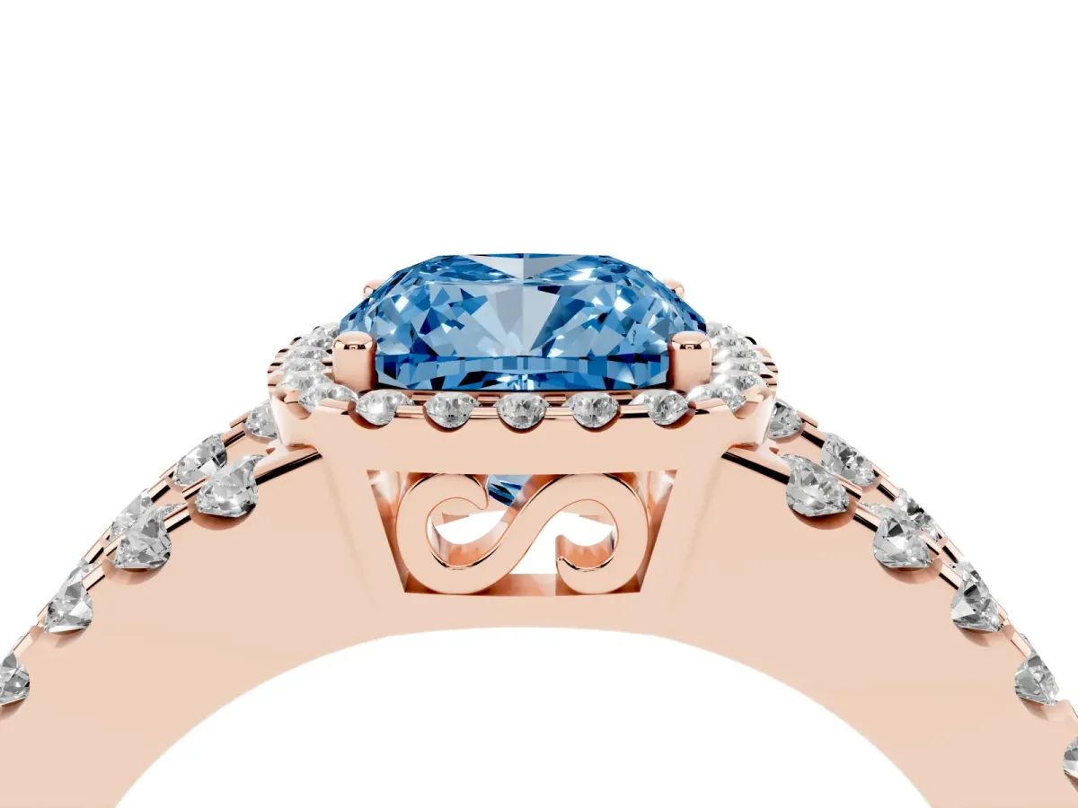 Fancy Blue Cushion Cut Cut Halo Split Shank Diamond Ring with Four-Prong Setting Rose gold