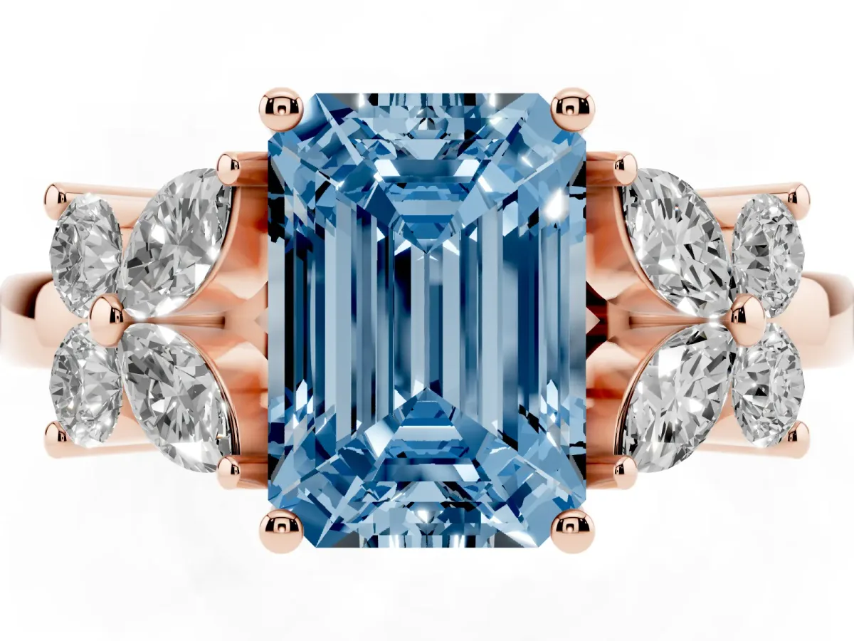 Fancy Blue Emerald Cut Diamond Floral Cluster Ring with Solitaire Band and Prong Setting Rose gold