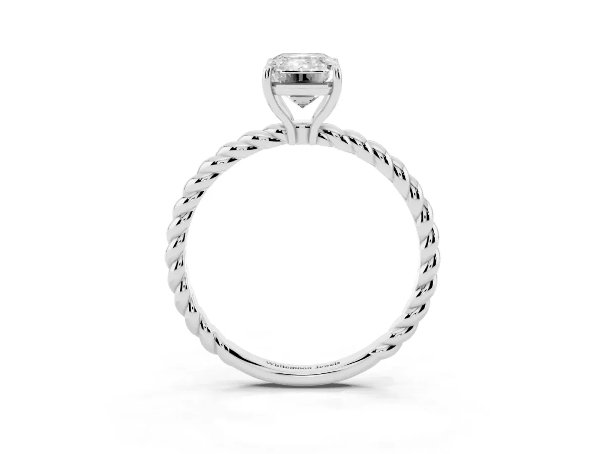 Emerald Cut Solitaire Twist Band Ring with Four-Prong Setting Platinum
