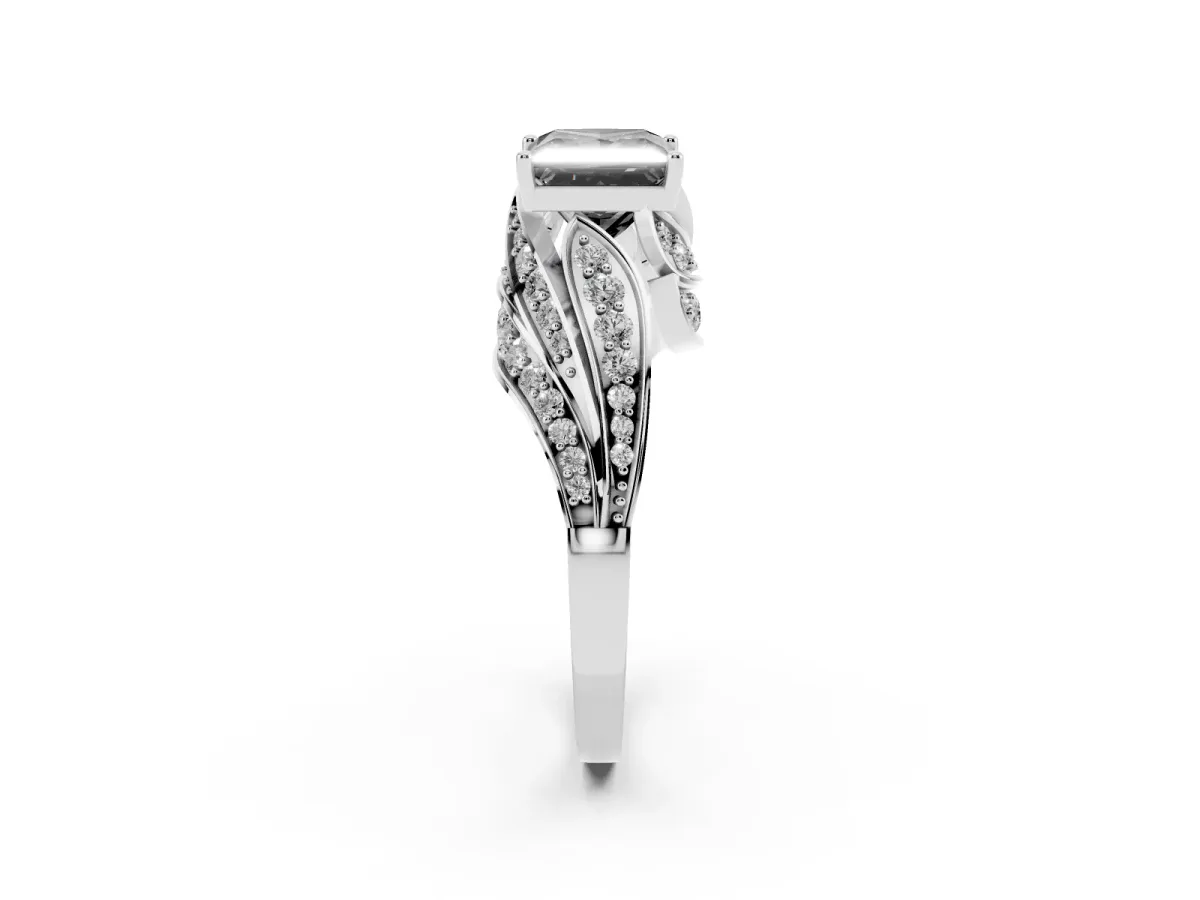 Fancy Black Princess Cut Diamond Solitaire Ring with Prong Setting and Twisted Pavé Band Silver