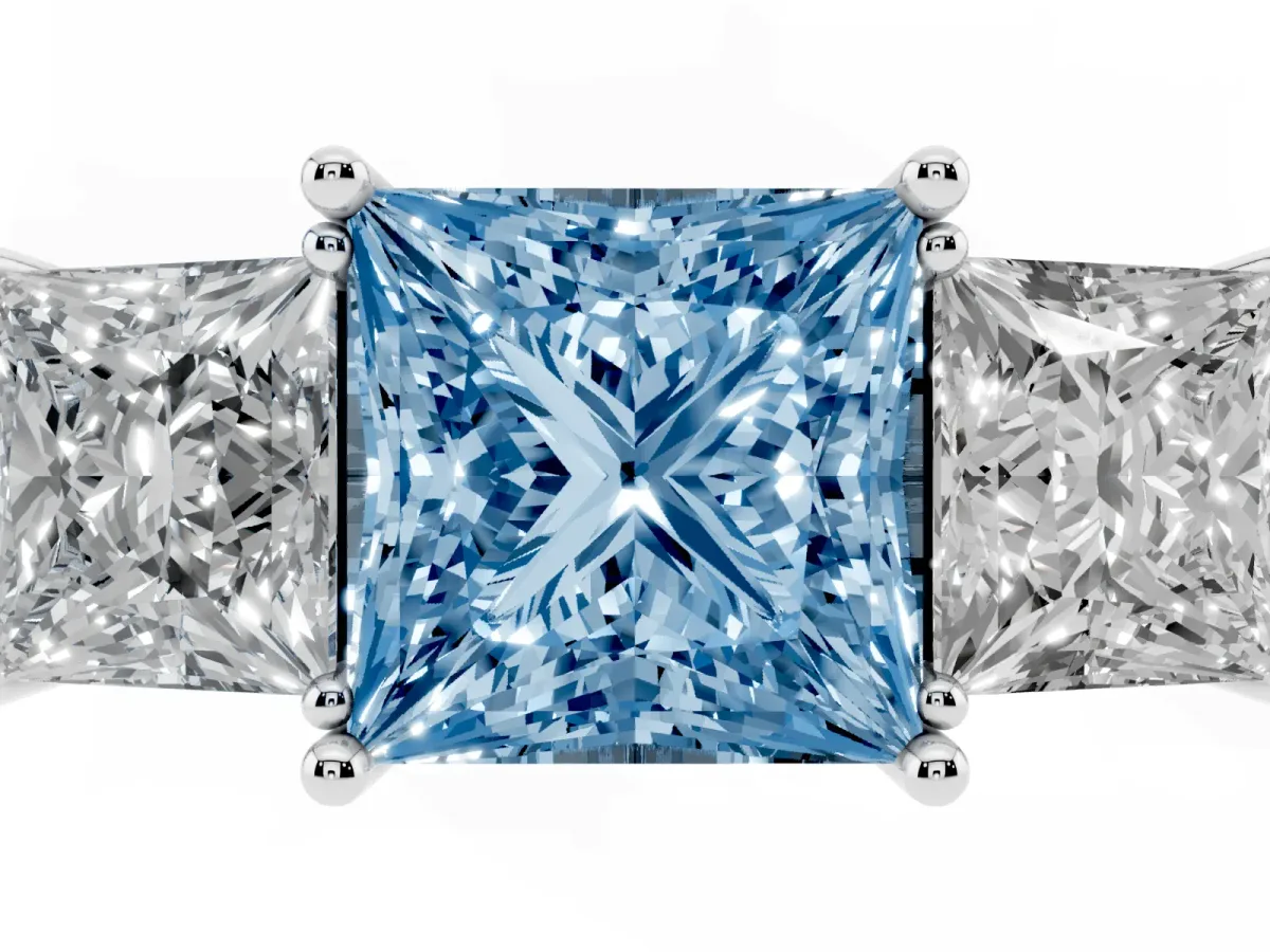Fancy Blue Three-Stone Princess Cut Cut Diamond Engagement Ring with Prong Setting on a White Gold Band Silver
