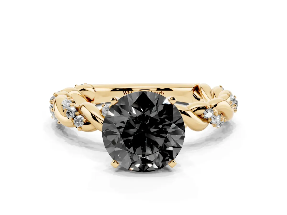 Fancy Black Round Cut Diamond Solitaire Ring with Twisted Band and Pavé Accents Yellow gold