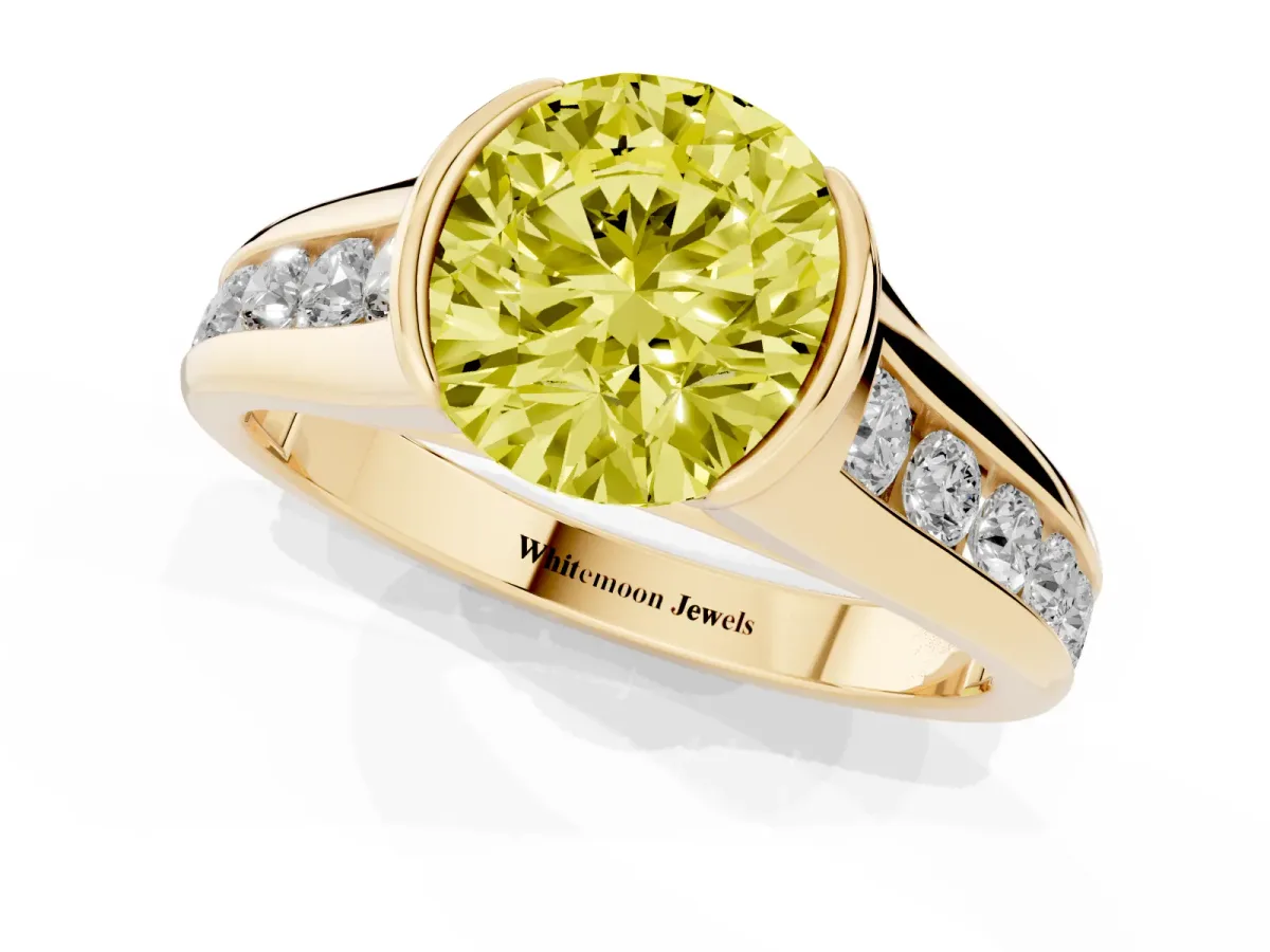 Fancy Yellow Round Cut Solitaire Bezel-Set Diamond Ring with Channel-Set Band Yellow gold