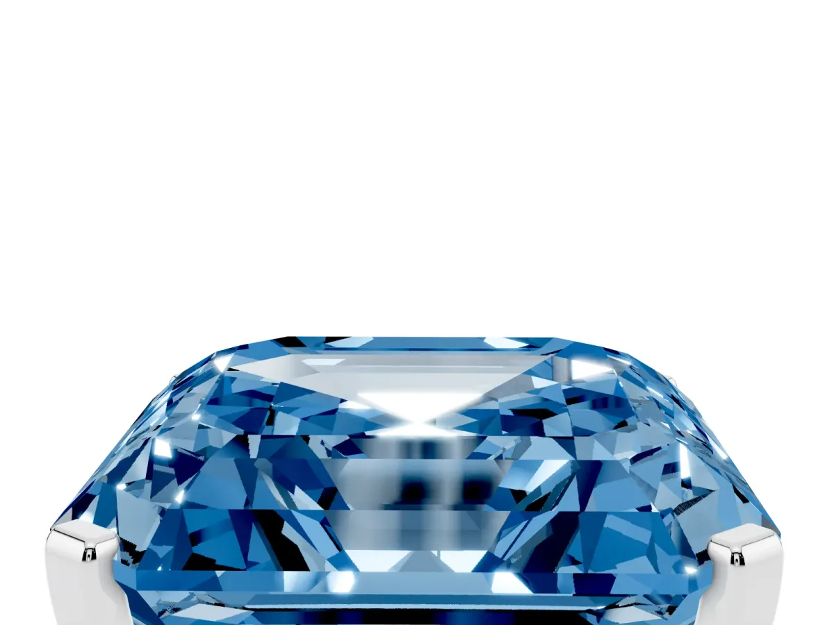 Fancy Blue Asscher Cut Cut Three-Stone Solitaire Ring with Round Accent Diamonds and Four-Prong Setting Silver