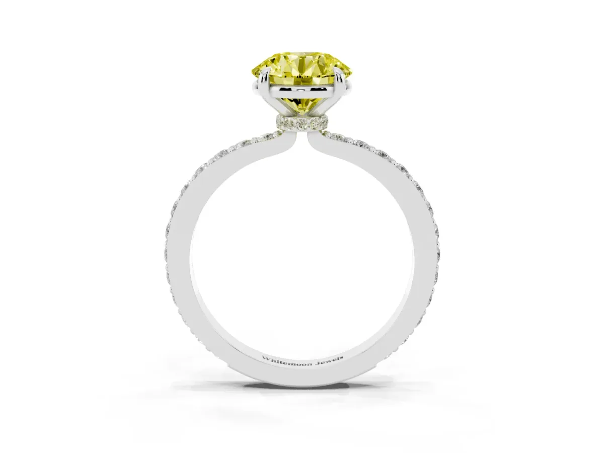 Fancy Yellow Round Cut Diamond Pavé Engagement Ring with Round Accents and Prong Setting Silver