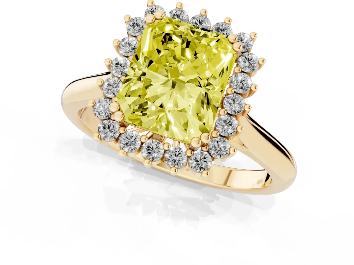 Fancy Yellow Radiant Cut Cut Diamond Halo Ring with Solitaire Band and Prong Setting Yellow gold