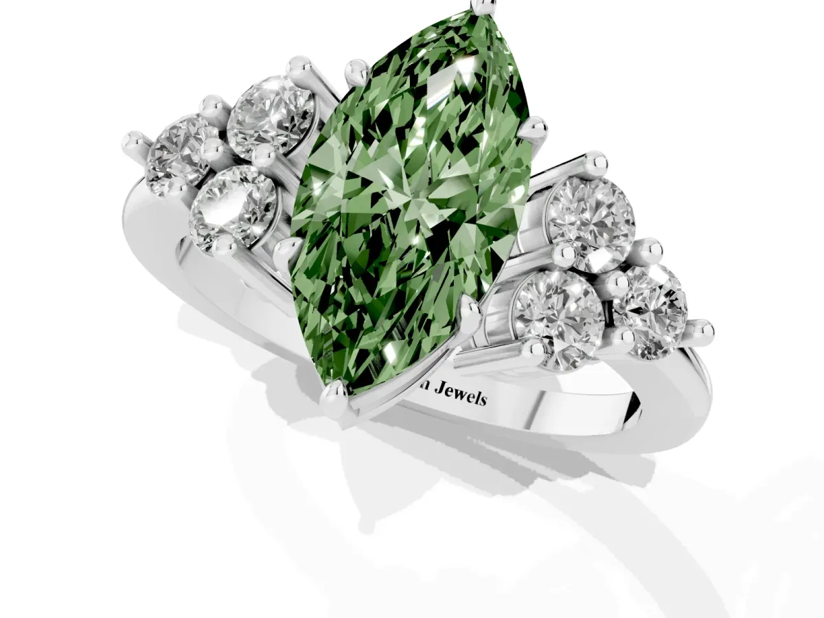 Fancy Green Marquise Cut Brilliant Diamond Cluster Accent Solitaire Ring with Prong Setting Silver