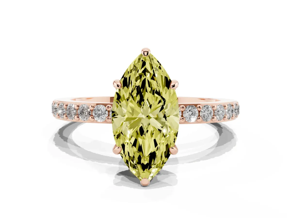 Fancy Yellow Marquise Cut Diamond Pavé Engagement Ring with Round Accents and Prong Setting Rose gold