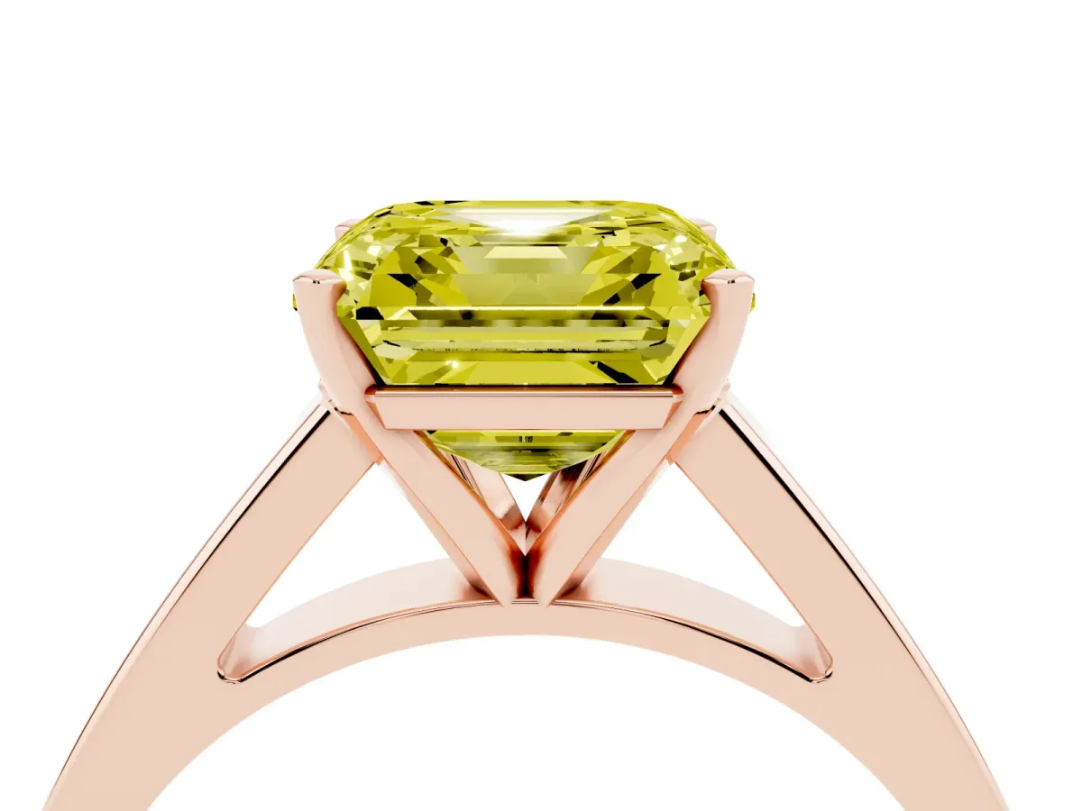 Fancy Yellow Asscher Cut Solitaire Engagement Ring with Four-Prong Setting and Tapered Band Rose gold