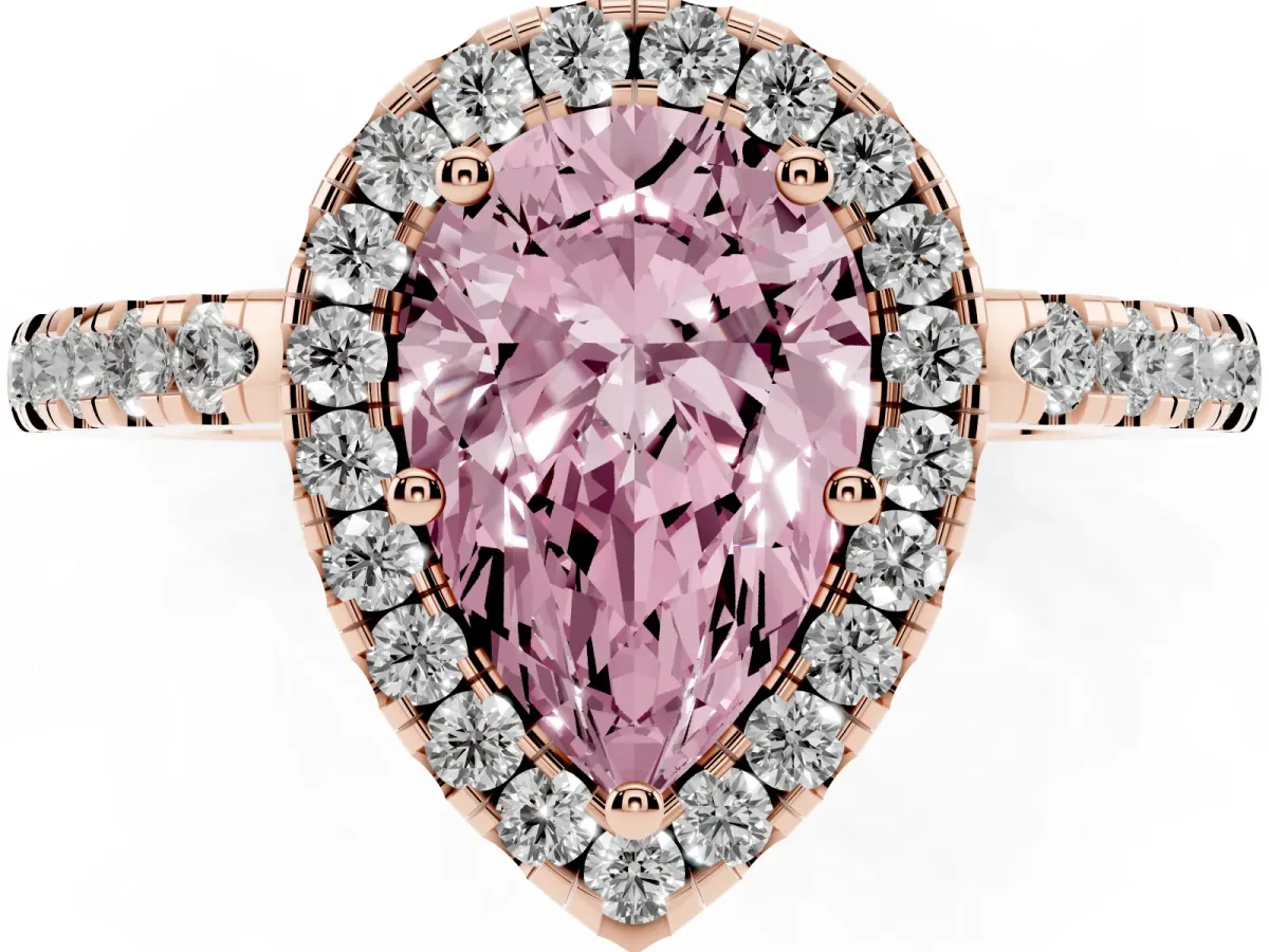 Fancy Pink Pear Cut Halo Diamond Engagement Ring with Pavé Band and Four-Prong Setting Rose gold