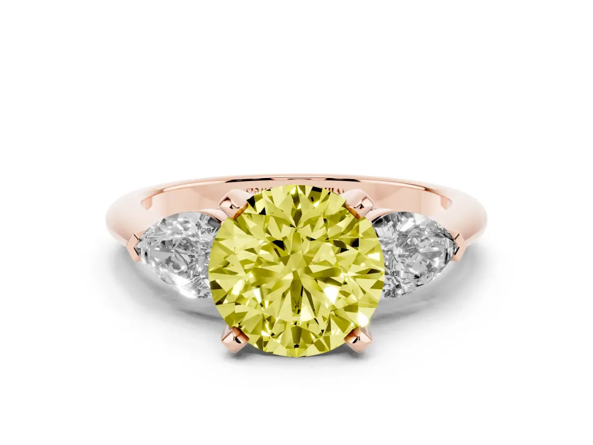 Fancy Yellow Three-Stone Round Cut Diamond Ring with Pear Side Stones and Four-Prong Setting Rose gold