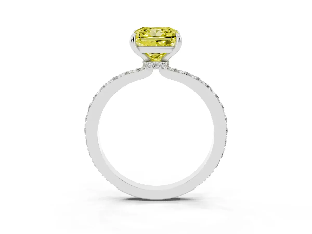 Fancy Yellow Princess Cut Diamond Solitaire Engagement Ring with Pavé Band and Four-Prong Setting Silver