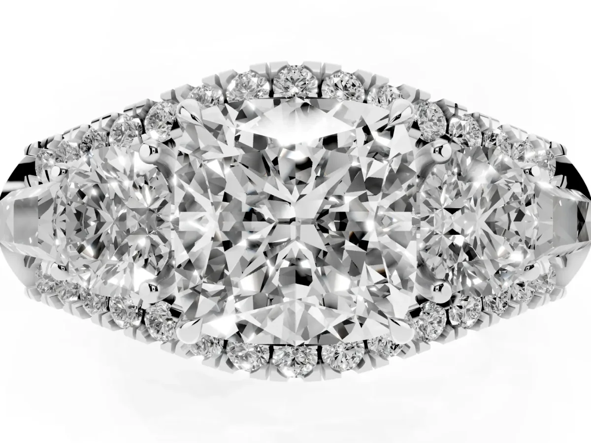 Three-Stone Cushion Cut Diamond Engagement Ring with Pave Band and Prong Setting Silver