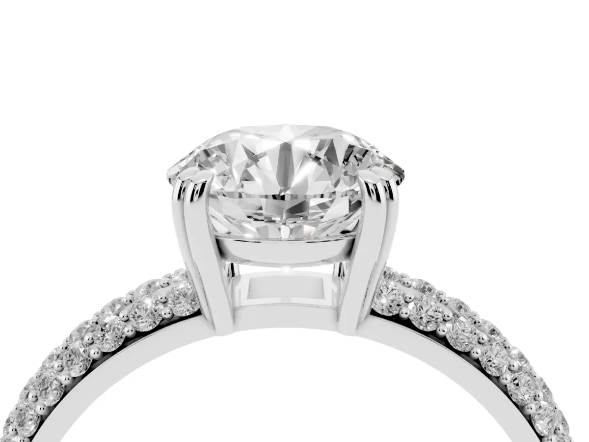 Round Cut Diamond Solitaire Ring with Multi-Row Round Pavé Band and Prong Setting Silver