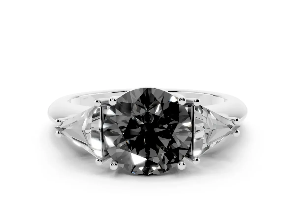 Fancy Black Three-Stone Round Cut Diamond Engagement Ring with Trillion Side Stones and Prong Setting White gold